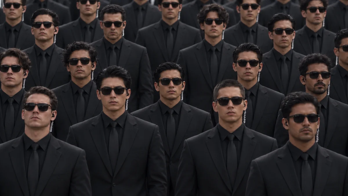 The black-suited surrounding cast