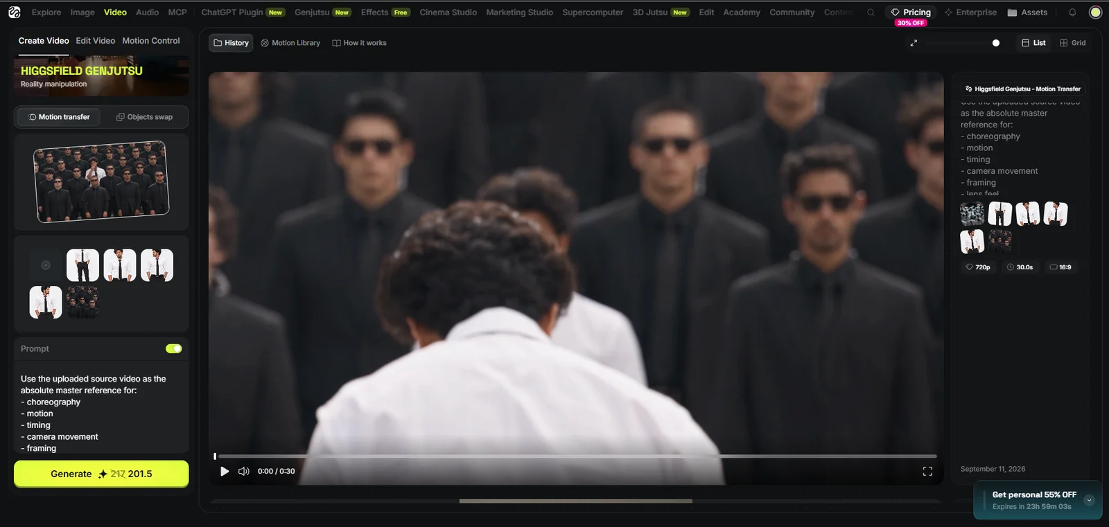 Supplied Higgsfield screenshot showing Motion transfer, reference thumbnails, Prompt and Generate